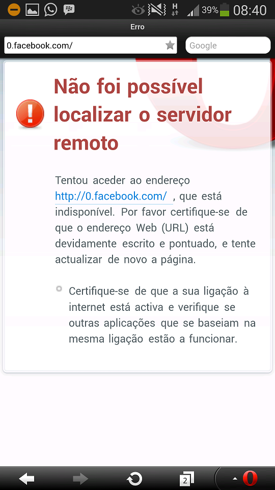 Facebook Zero não é processada no Opera Mini