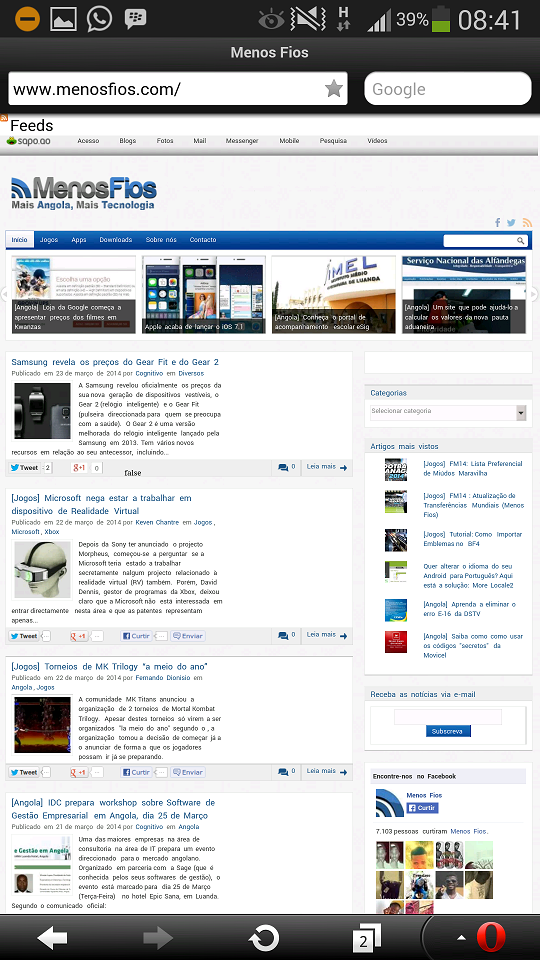MenosFios.com a abrir no Opera Mini
